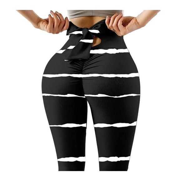 Leggings Stripes Black White Workout Back Bow Stretch Pants - Picture 2 of 7